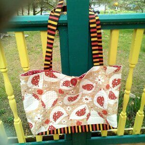 Handmade Tote Chickens  Flowers Striped Handles Polka Dot Lining. 21" X 13" NWOT